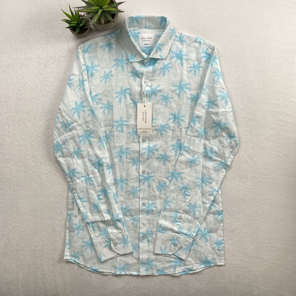 Linen Attire by Ranee’s Miami Linen Resort/Tropical LS Button Shirt (White/Blue)